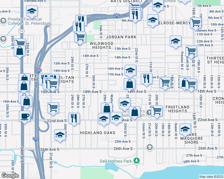map of restaurants, bars, coffee shops, grocery stores, and more near 2471 Quebec Avenue South in St. Petersburg