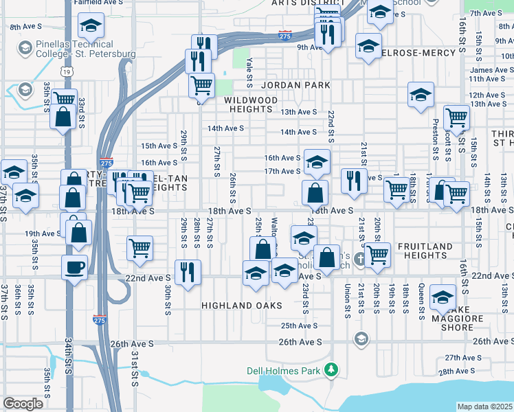 map of restaurants, bars, coffee shops, grocery stores, and more near 1735 Yale Street South in St. Petersburg