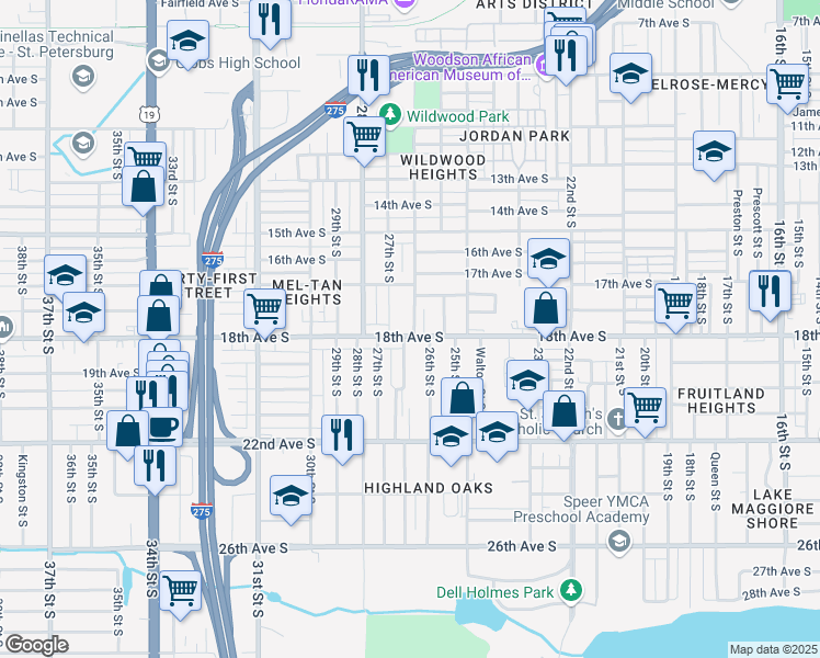 map of restaurants, bars, coffee shops, grocery stores, and more near 1739 26th Street South in St. Petersburg