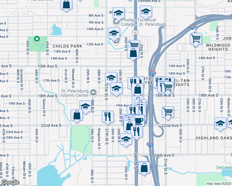 map of restaurants, bars, coffee shops, grocery stores, and more near 1731 35th Street South in St. Petersburg