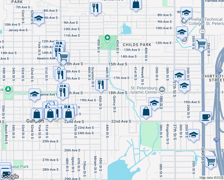 map of restaurants, bars, coffee shops, grocery stores, and more near 4335 Queensboro Avenue South in St. Petersburg
