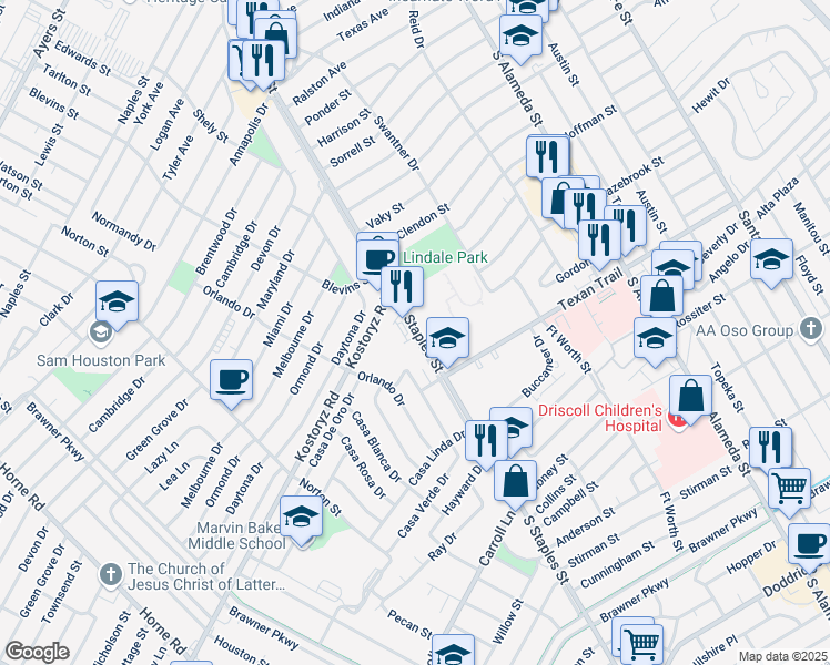 map of restaurants, bars, coffee shops, grocery stores, and more near 3221 South Staples Street in Corpus Christi