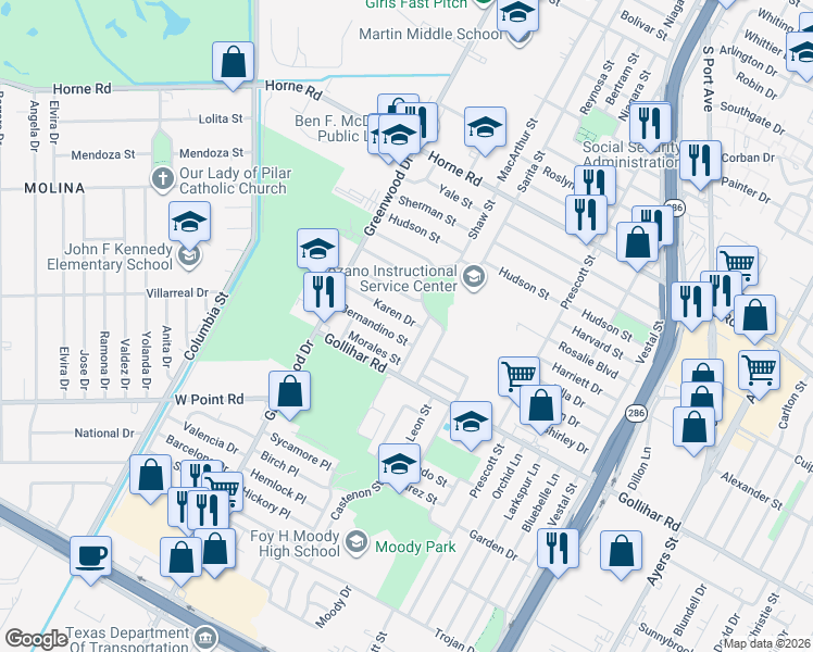 map of restaurants, bars, coffee shops, grocery stores, and more near 1718 Karen Drive in Corpus Christi