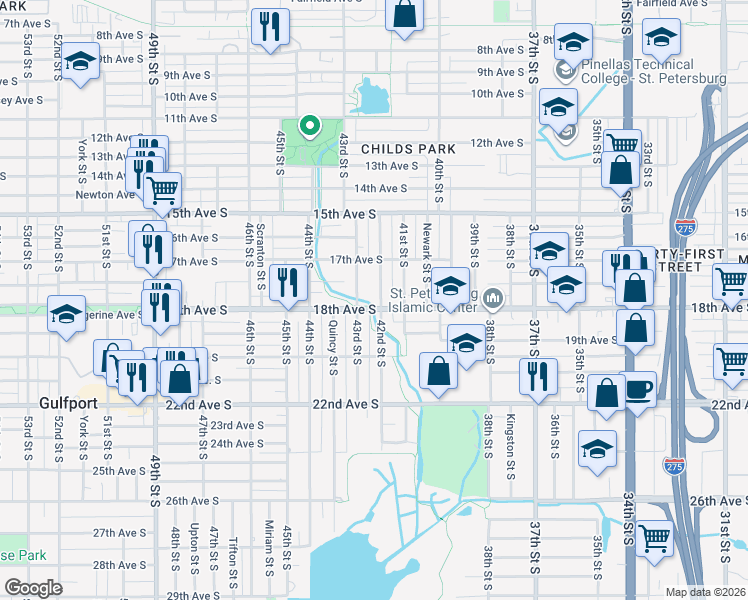 map of restaurants, bars, coffee shops, grocery stores, and more near 1737 42nd Street South in St. Petersburg