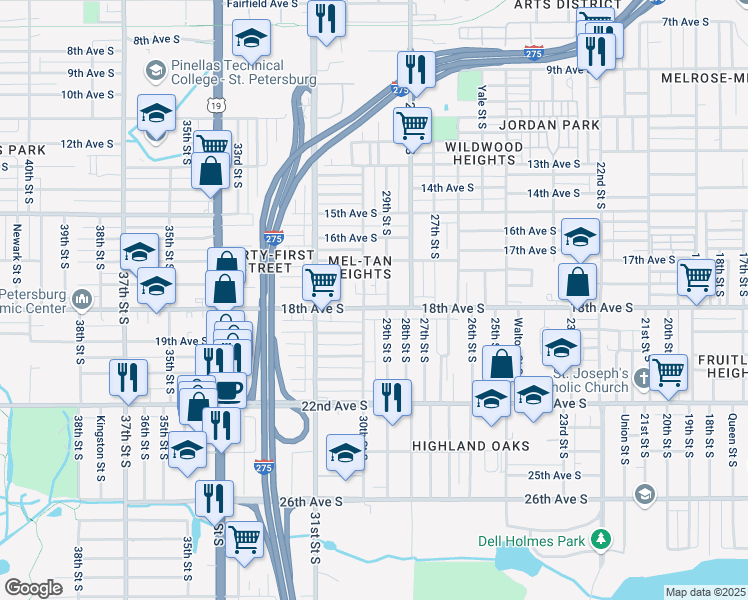 map of restaurants, bars, coffee shops, grocery stores, and more near 1745 29th Street South in St. Petersburg