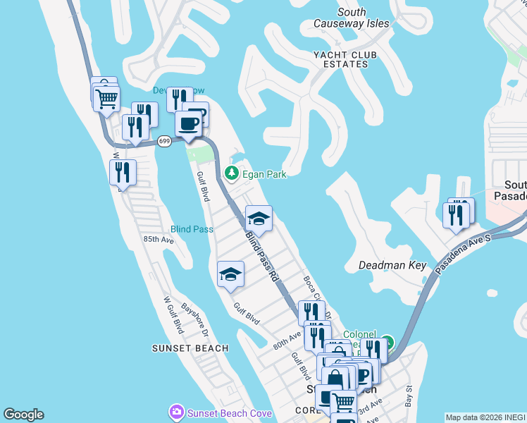 map of restaurants, bars, coffee shops, grocery stores, and more near 8711 Boca Ciega Drive in St. Pete Beach