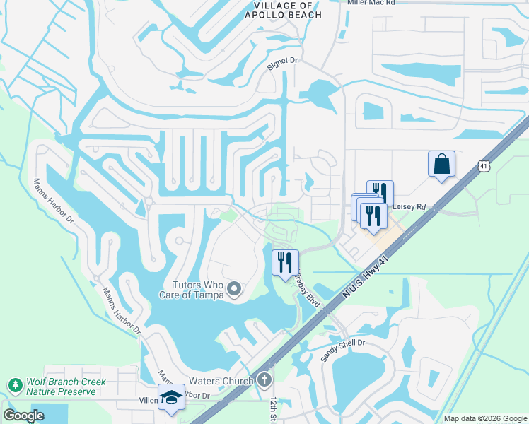 map of restaurants, bars, coffee shops, grocery stores, and more near 5602 Seagrass Place in Apollo Beach