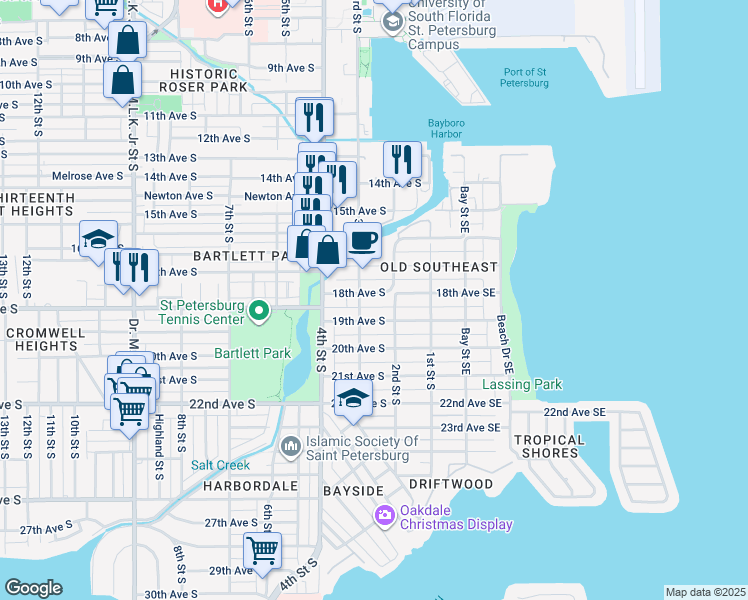 map of restaurants, bars, coffee shops, grocery stores, and more near 263 18th Avenue South in St. Petersburg