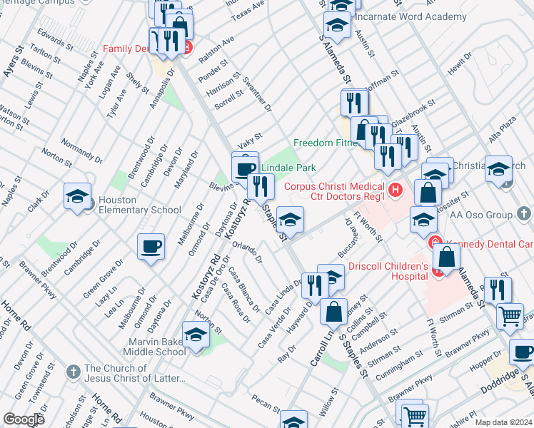 map of restaurants, bars, coffee shops, grocery stores, and more near 3221 South Staples Street in Corpus Christi