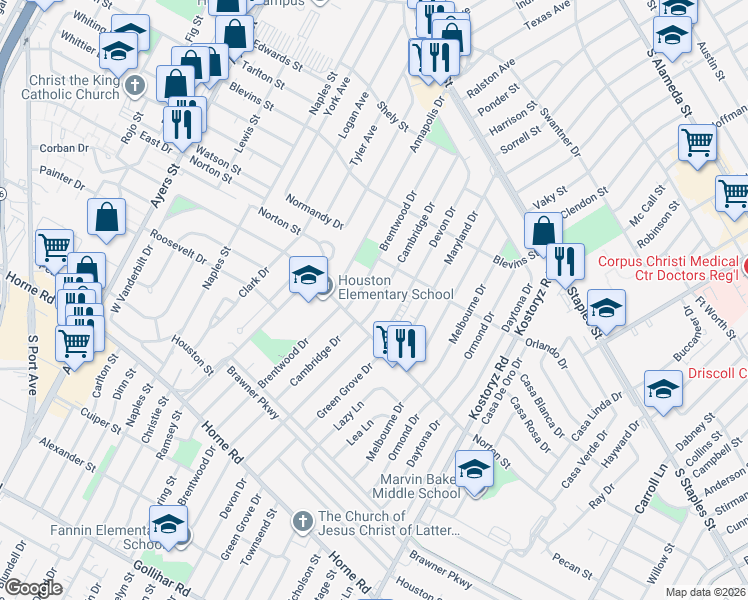 map of restaurants, bars, coffee shops, grocery stores, and more near 1422 Brentwood Drive in Corpus Christi