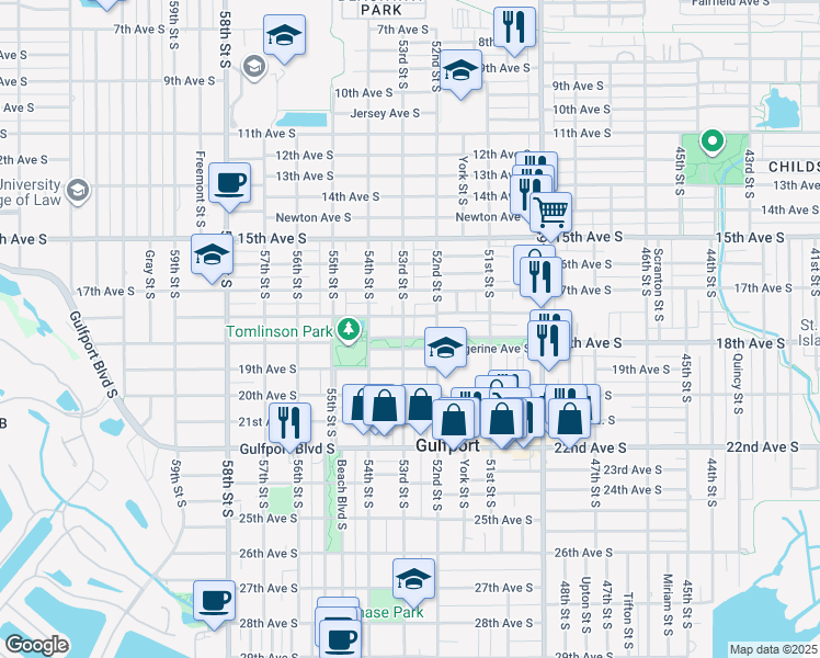 map of restaurants, bars, coffee shops, grocery stores, and more near 5301 18th Avenue South in Gulfport