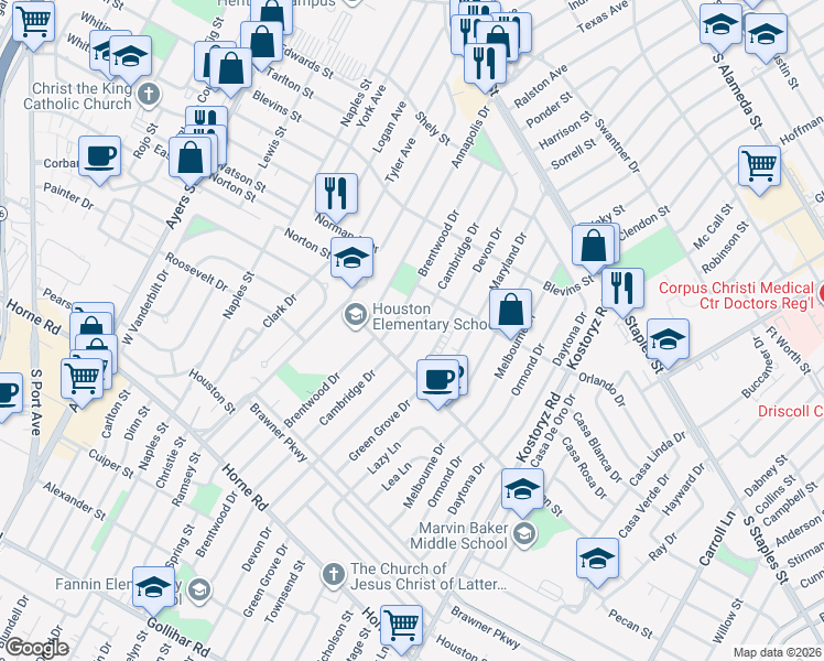 map of restaurants, bars, coffee shops, grocery stores, and more near 1422 Brentwood Drive in Corpus Christi