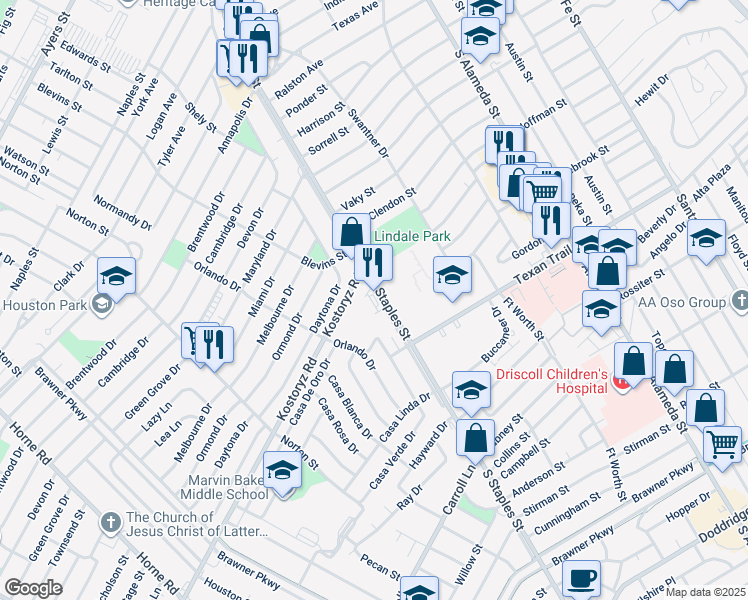 map of restaurants, bars, coffee shops, grocery stores, and more near 3221 South Staples Street in Corpus Christi