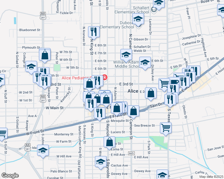 map of restaurants, bars, coffee shops, grocery stores, and more near 401 East 3rd Street in Alice