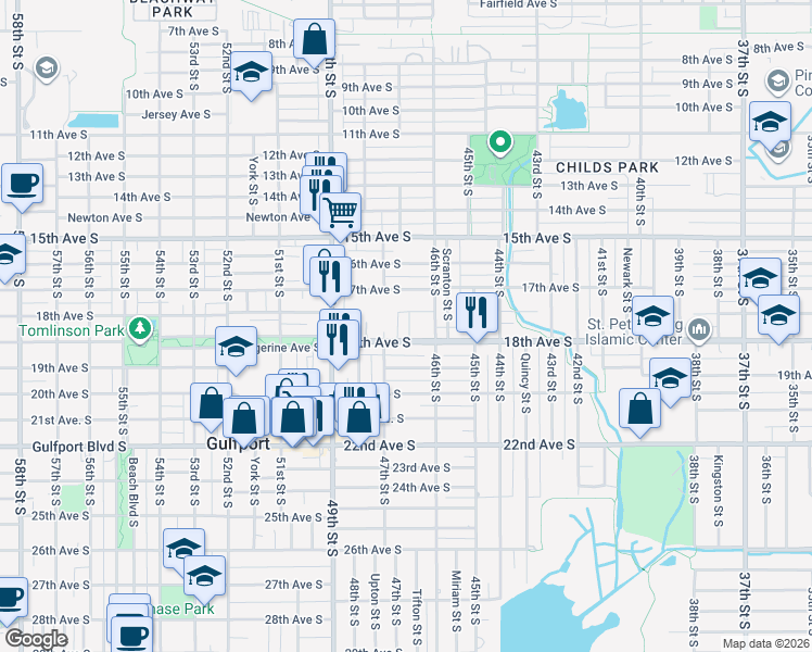 map of restaurants, bars, coffee shops, grocery stores, and more near 4640 Queensboro Avenue South in St. Petersburg
