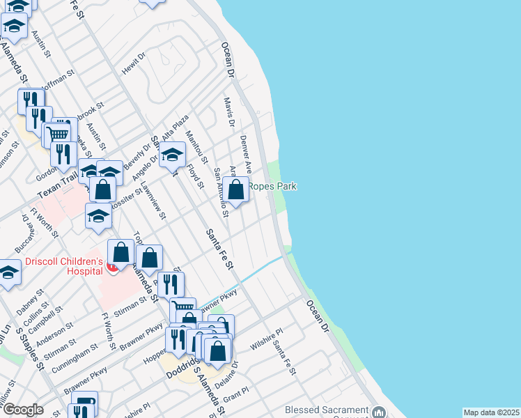 map of restaurants, bars, coffee shops, grocery stores, and more near 3545 Ocean Drive in Corpus Christi