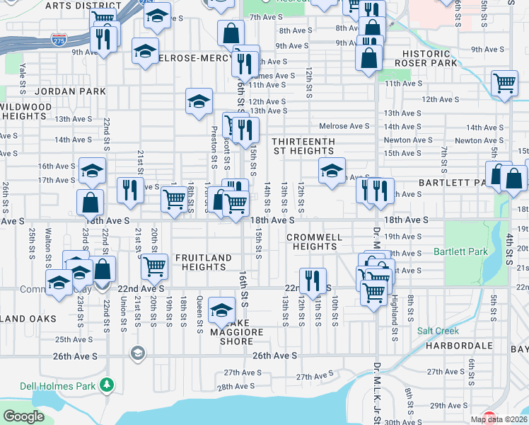 map of restaurants, bars, coffee shops, grocery stores, and more near 1660 14th Street South in St. Petersburg