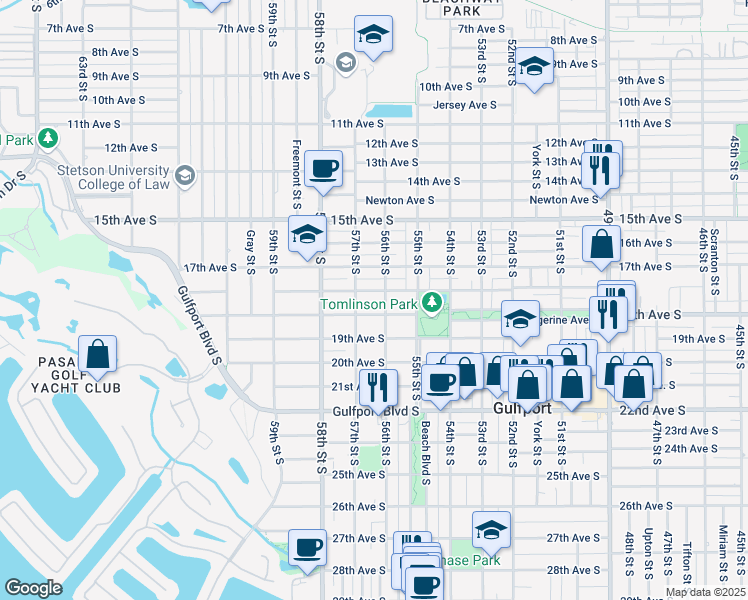 map of restaurants, bars, coffee shops, grocery stores, and more near 5613 18th Avenue South in Gulfport