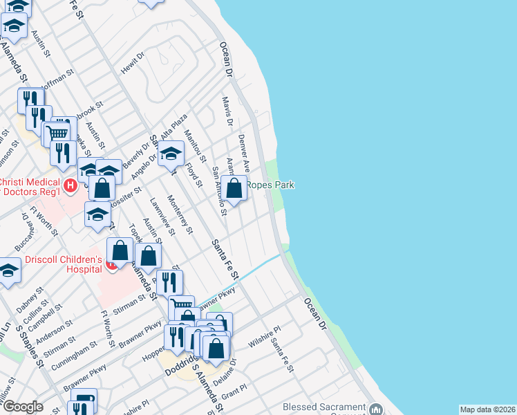 map of restaurants, bars, coffee shops, grocery stores, and more near 3545 Ocean Drive in Corpus Christi