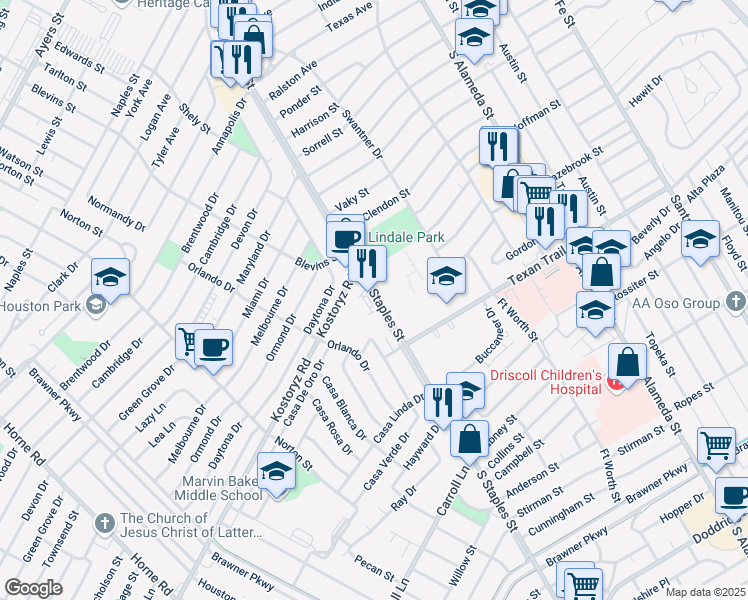 map of restaurants, bars, coffee shops, grocery stores, and more near 3221 South Staples Street in Corpus Christi