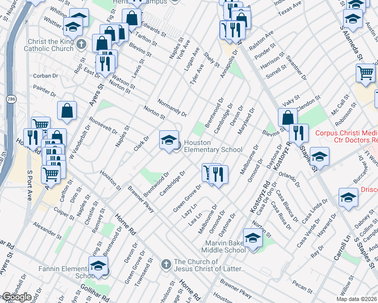 map of restaurants, bars, coffee shops, grocery stores, and more near 1437 Annapolis Drive in Corpus Christi