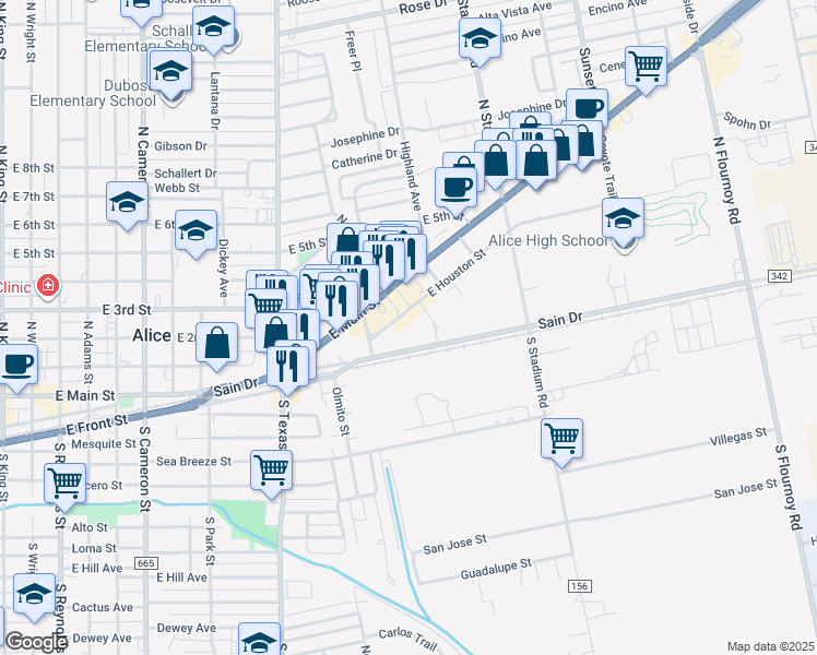 map of restaurants, bars, coffee shops, grocery stores, and more near 1208-1298 East Houston Street in Alice