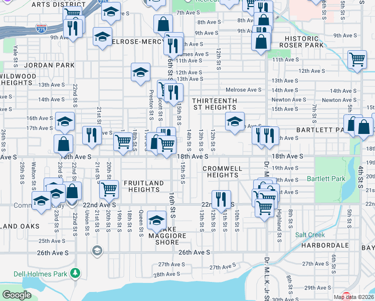 map of restaurants, bars, coffee shops, grocery stores, and more near 1660 14th Street South in St. Petersburg