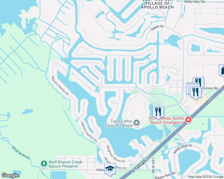 map of restaurants, bars, coffee shops, grocery stores, and more near 513 Mirabay Boulevard in Apollo Beach