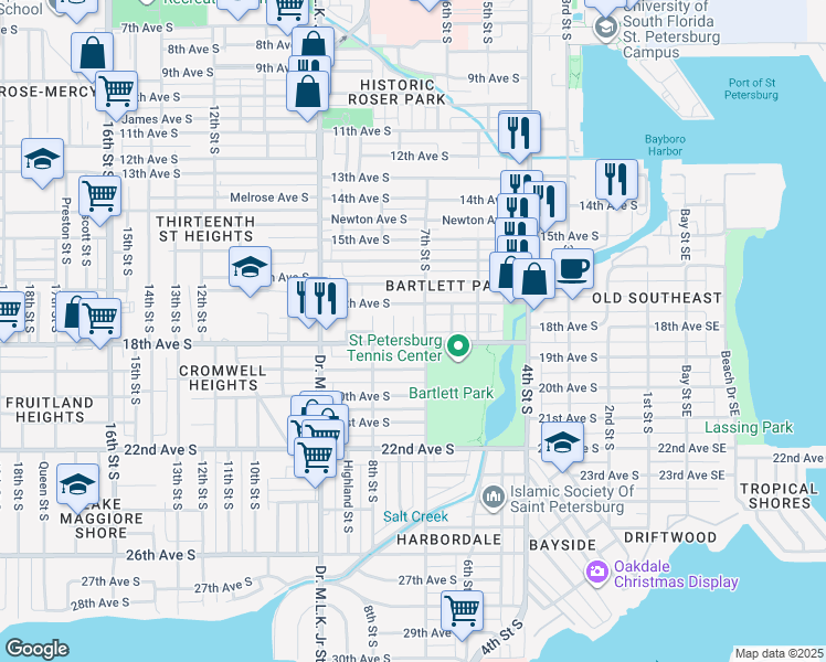 map of restaurants, bars, coffee shops, grocery stores, and more near 1745 Grove Street South in St. Petersburg