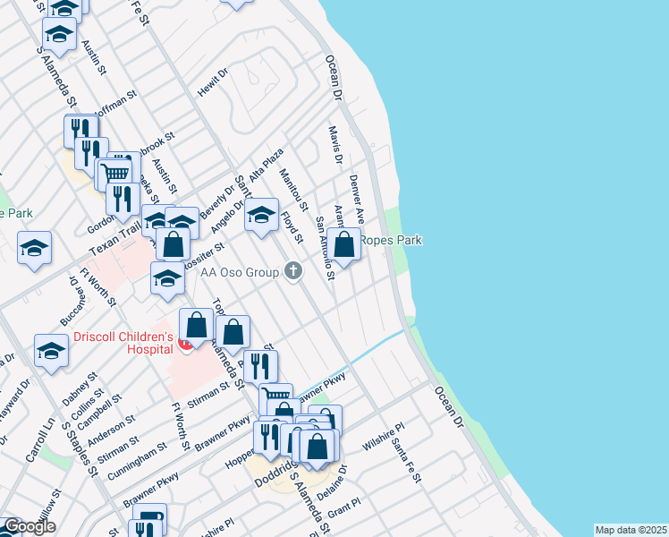 map of restaurants, bars, coffee shops, grocery stores, and more near 3504 Floyd Street in Corpus Christi