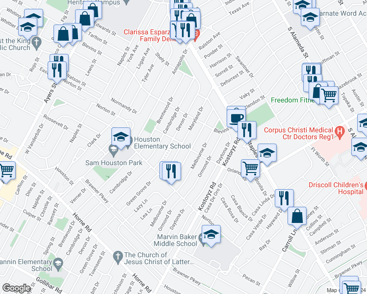 map of restaurants, bars, coffee shops, grocery stores, and more near 1402 Maryland Drive in Corpus Christi