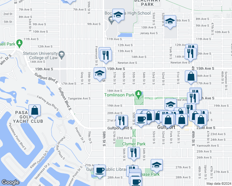 map of restaurants, bars, coffee shops, grocery stores, and more near 1806 57th Street South in Gulfport