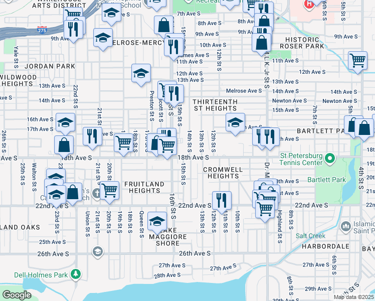 map of restaurants, bars, coffee shops, grocery stores, and more near 1660 14th Street South in St. Petersburg