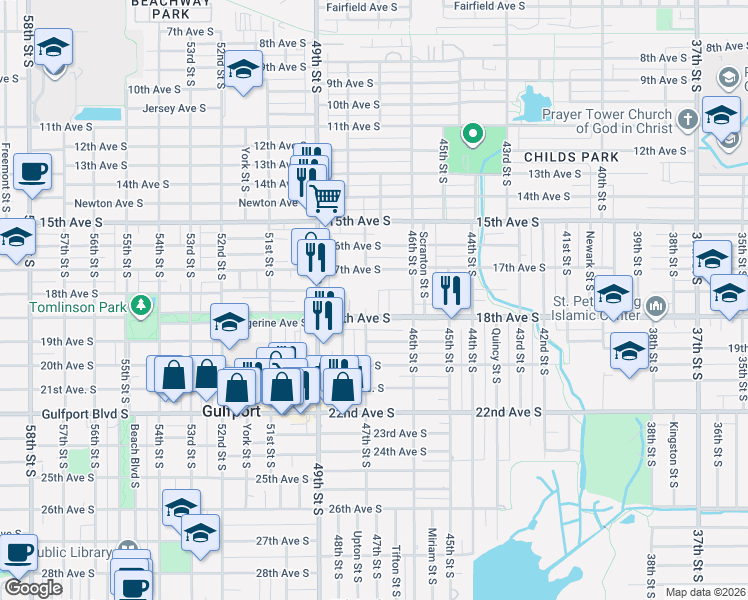 map of restaurants, bars, coffee shops, grocery stores, and more near 4720 17th Avenue South in St. Petersburg