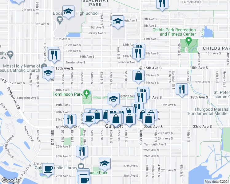 map of restaurants, bars, coffee shops, grocery stores, and more near 5201 18th Avenue South in Gulfport