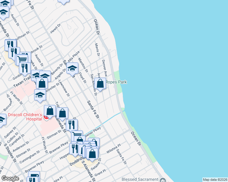 map of restaurants, bars, coffee shops, grocery stores, and more near 3545 Ocean Drive in Corpus Christi