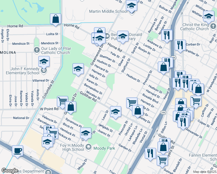 map of restaurants, bars, coffee shops, grocery stores, and more near 4320 Shaw Street in Corpus Christi