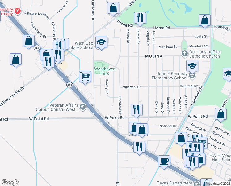 map of restaurants, bars, coffee shops, grocery stores, and more near 1913 Archdale Drive in Corpus Christi