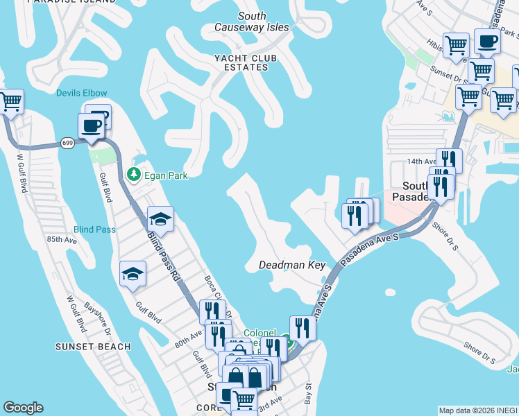 map of restaurants, bars, coffee shops, grocery stores, and more near 8001 Sailboat Key Boulevard South in St. Pete Beach