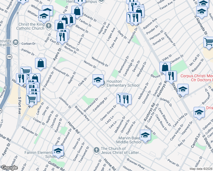 map of restaurants, bars, coffee shops, grocery stores, and more near 1437 Annapolis Drive in Corpus Christi
