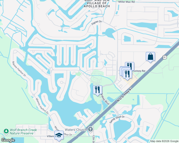 map of restaurants, bars, coffee shops, grocery stores, and more near 314 Ibisview Lane in Apollo Beach