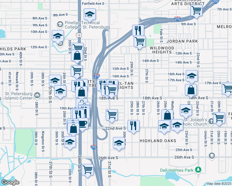 map of restaurants, bars, coffee shops, grocery stores, and more near 1769 Dayton Street South in St. Petersburg