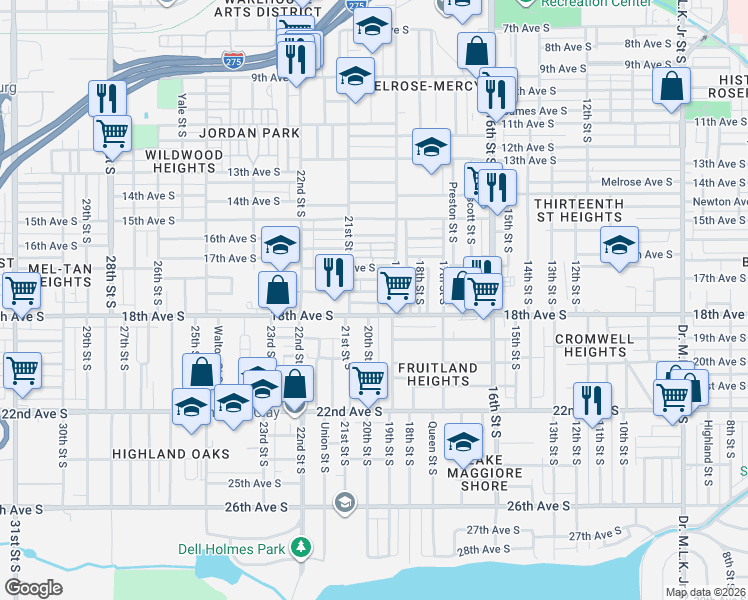 map of restaurants, bars, coffee shops, grocery stores, and more near 2039 Queensboro Avenue South in St. Petersburg