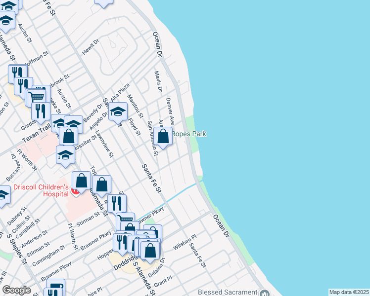 map of restaurants, bars, coffee shops, grocery stores, and more near 3545 Ocean Drive in Corpus Christi