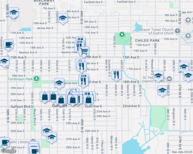 map of restaurants, bars, coffee shops, grocery stores, and more near 4720 17th Avenue South in St. Petersburg