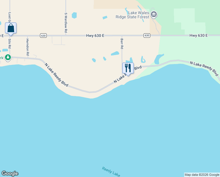 map of restaurants, bars, coffee shops, grocery stores, and more near 1833 North Lake Reedy Boulevard in Frostproof