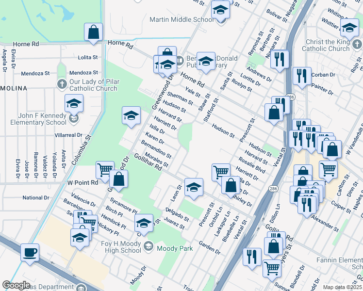 map of restaurants, bars, coffee shops, grocery stores, and more near 4402 Castenon Street in Corpus Christi