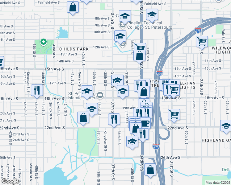 map of restaurants, bars, coffee shops, grocery stores, and more near 3635 Queensboro Avenue South in St. Petersburg
