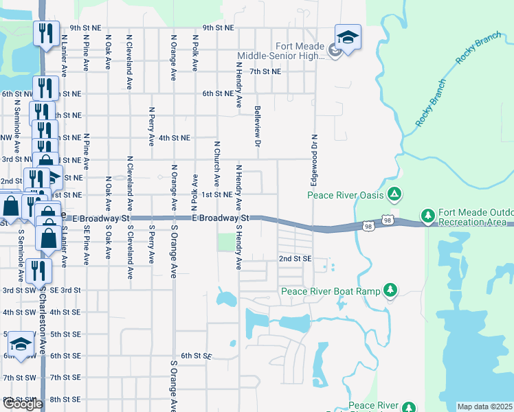map of restaurants, bars, coffee shops, grocery stores, and more near 945 East Broadway Street in Fort Meade