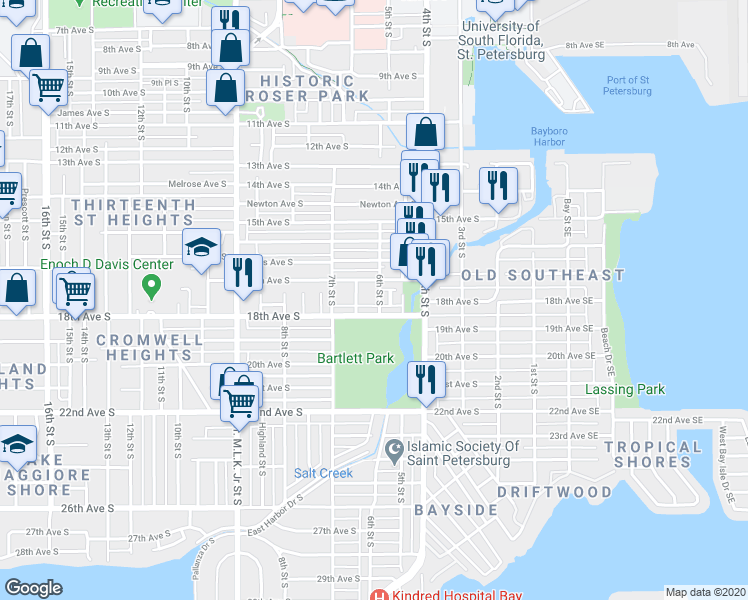map of restaurants, bars, coffee shops, grocery stores, and more near 626 17th Avenue South in St. Petersburg